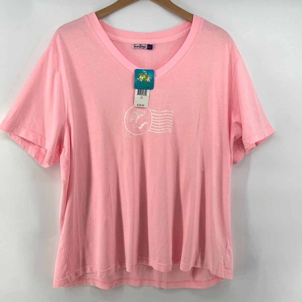 Sun Bay T Shirt Women Plus 2X Pink Seashells Beach Pastel Graphic Print